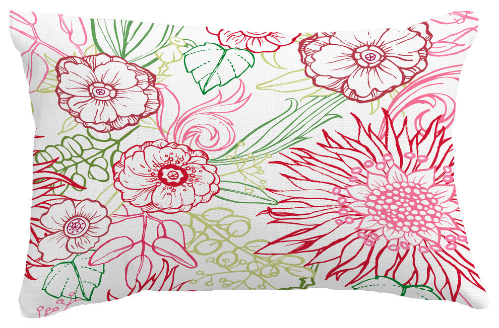 Zentangle 4 Color Floral Print Throw Pillow With Linen Texture, Red, 14"x20"