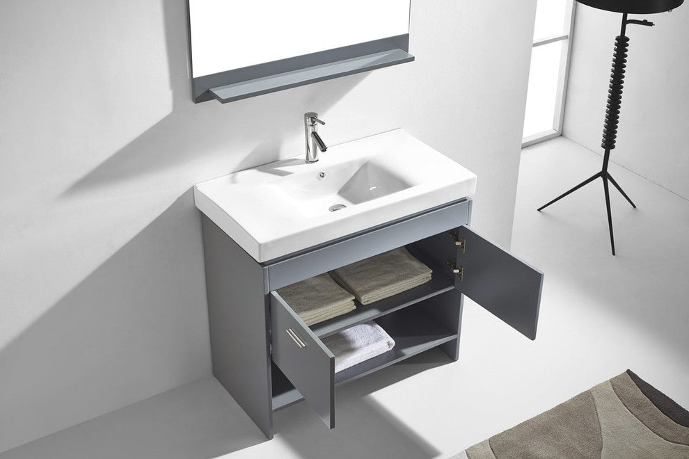 Virtu Gloria 36" Single Bathroom Vanity, Gray, Brushed Nickel Faucet, Mirror