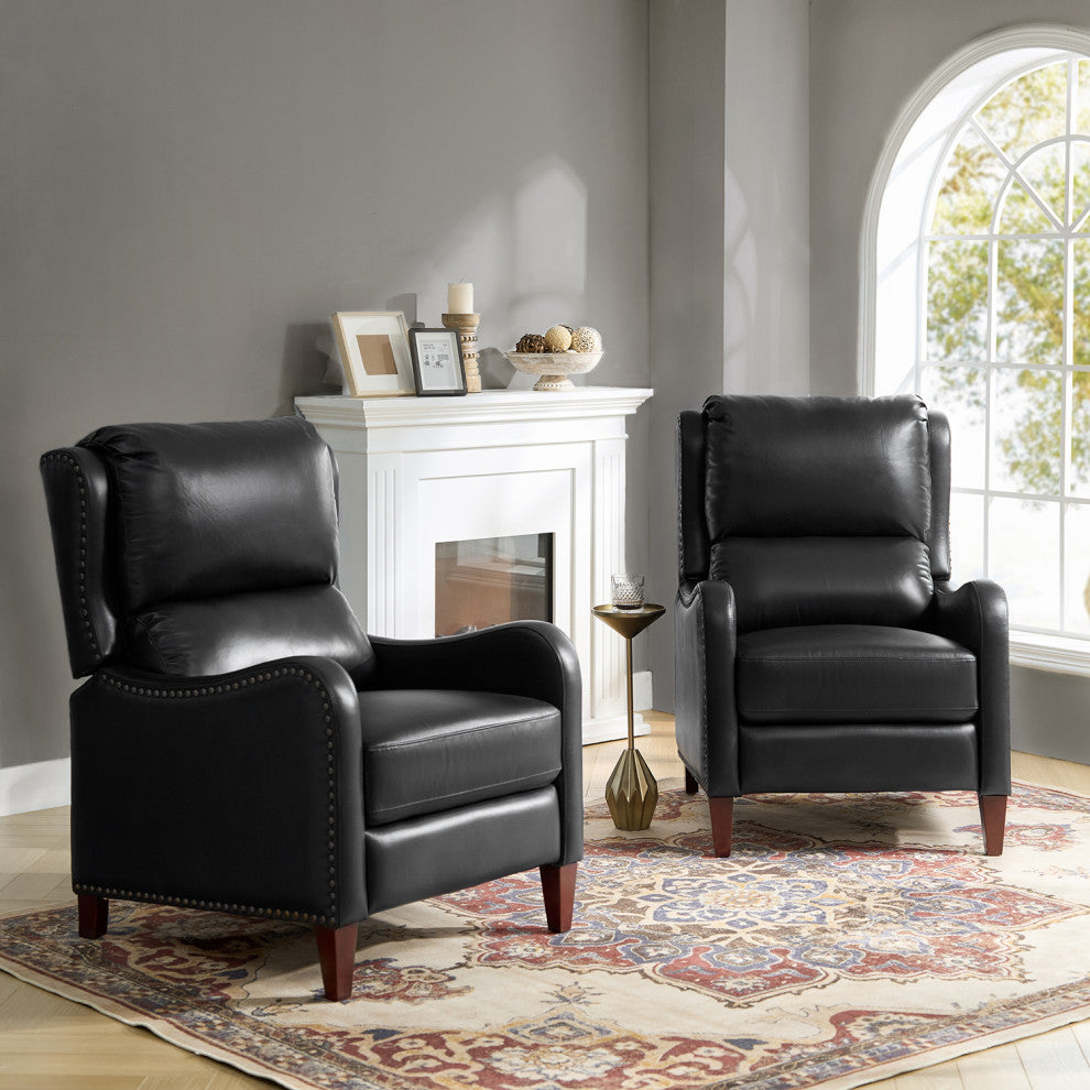 Genuine Leather Recliner With Nailhead Trim Set of 2, Black