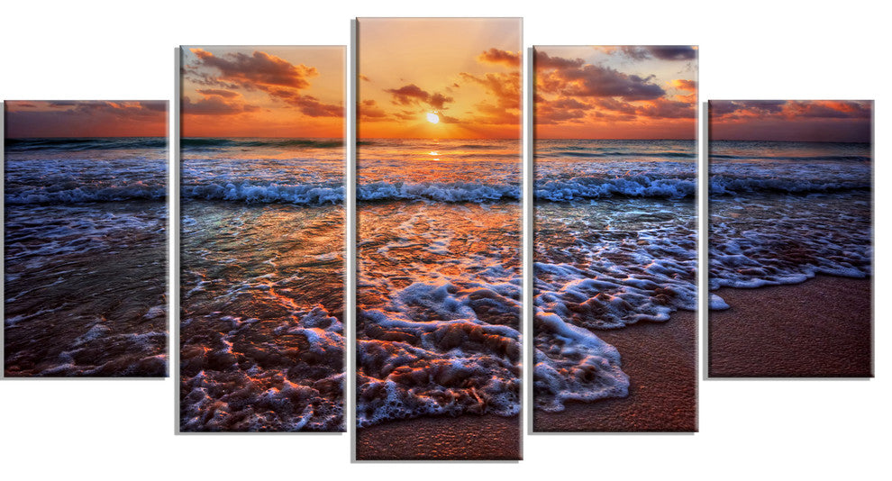 Roaring Sea Wavers during Sunset, Seashore Canvas Art Print, 60"x32", 5 Panels