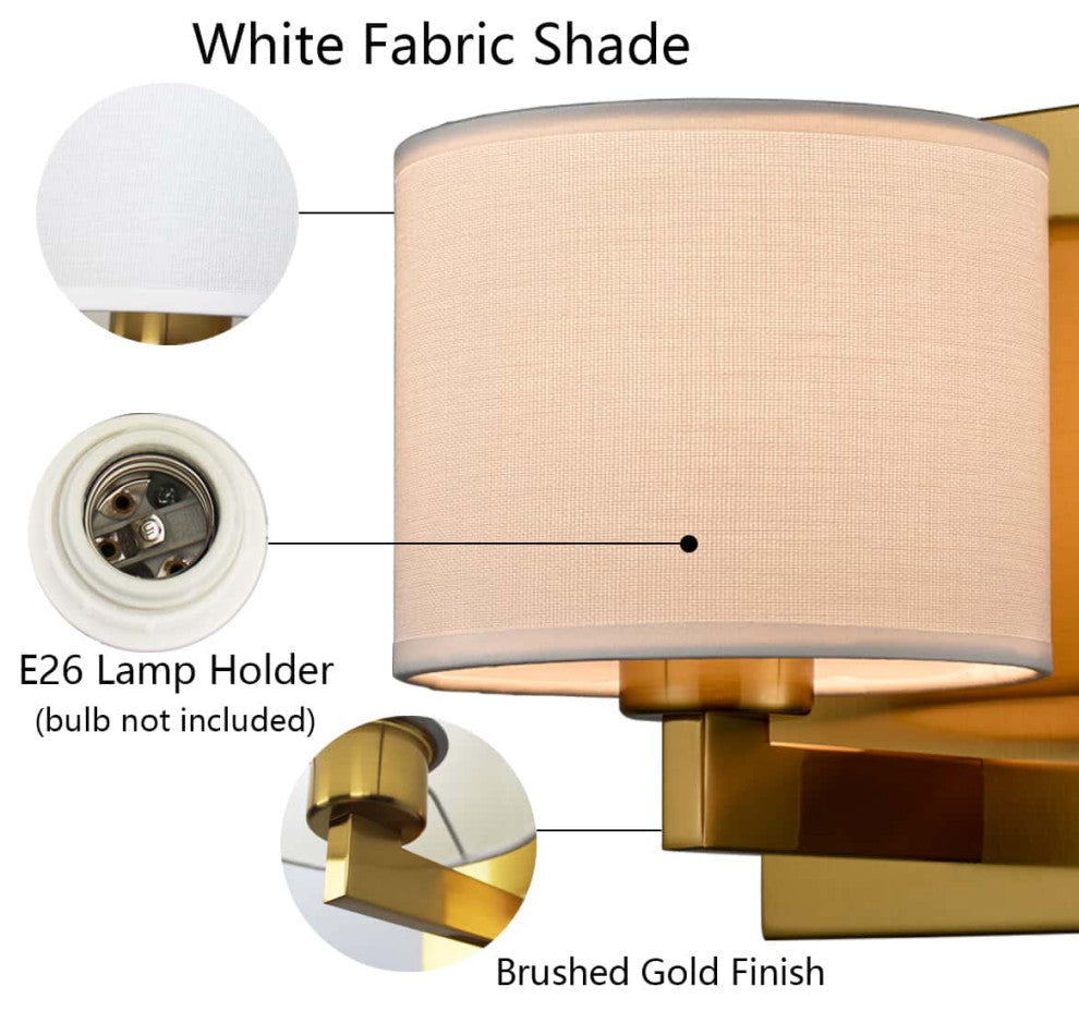 Wall Sconces Set of 2 Fabric Shade Wall Lamps, Gold