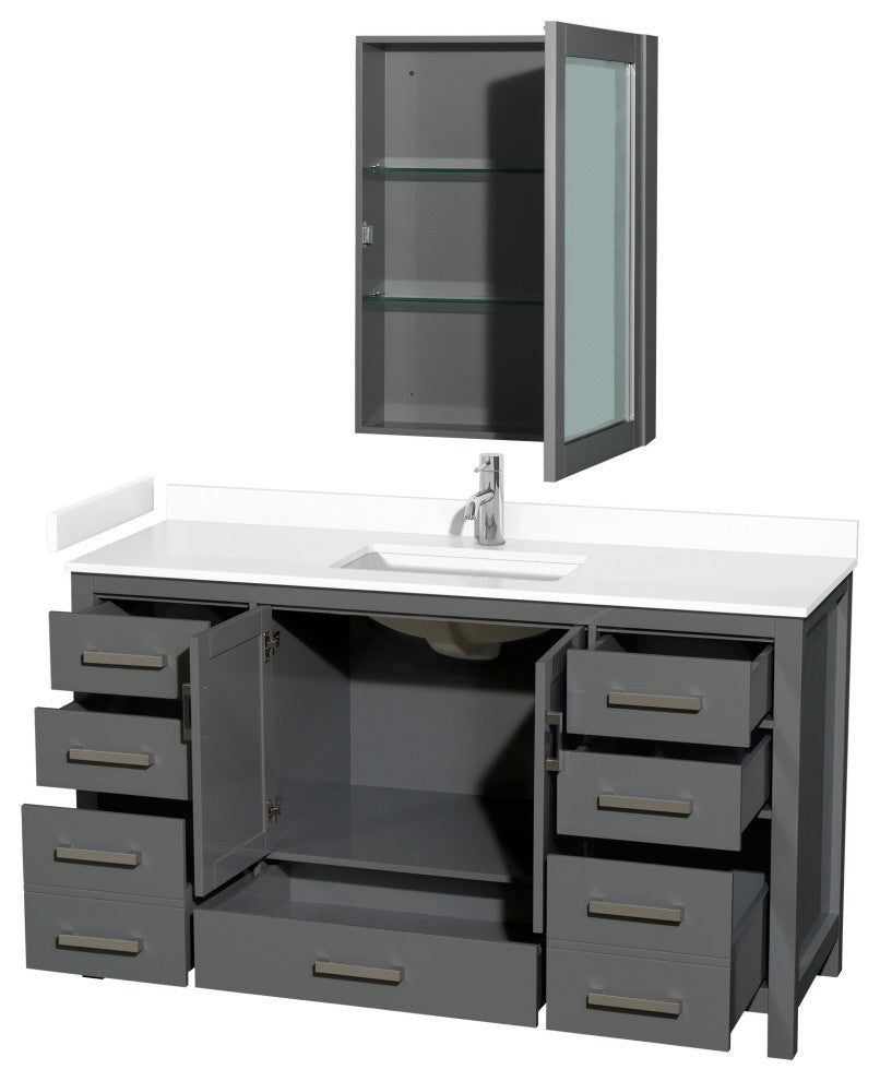 60"SGL Vanity Dark Gray, White Cult. Marble Countertop, Sink, Med. Cabinet