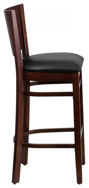 Modern Solid Back Walnut Wood Restaurant Barstool, Black Vinyl Seat