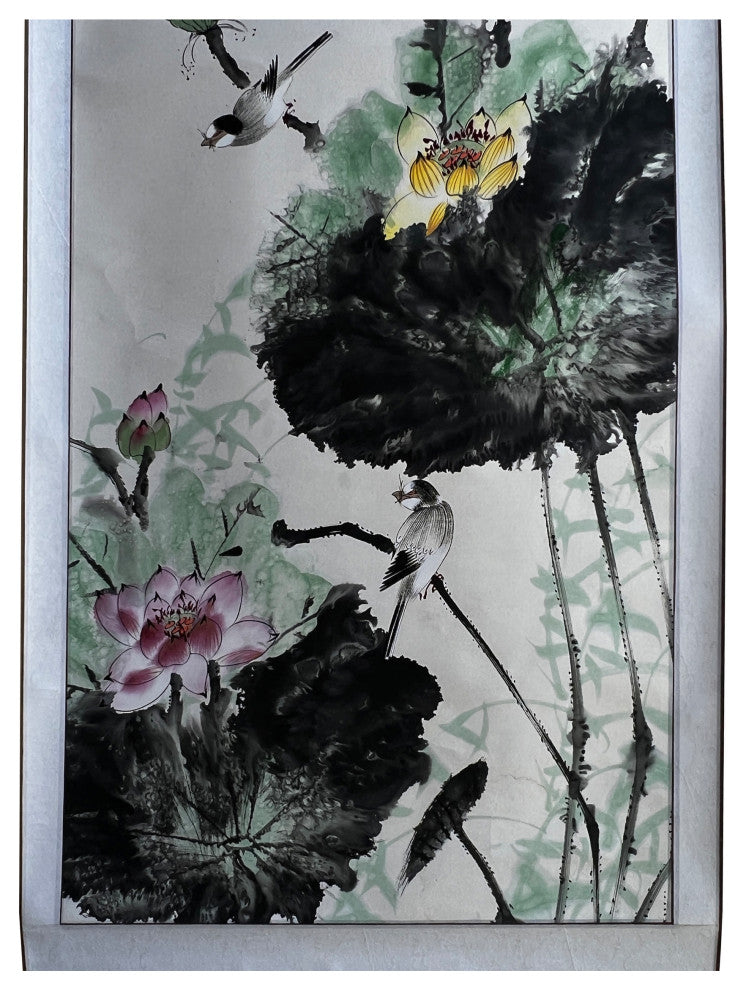 Chinese Color Ink Water Lotus Flowers Leaves Scroll Painting Wall Art Hws3043