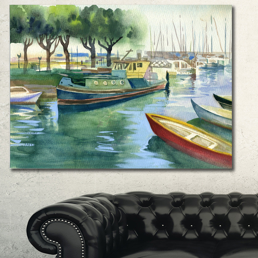 Boats in River Watercolor, Landscape Canvas Art Print, 40"x30"