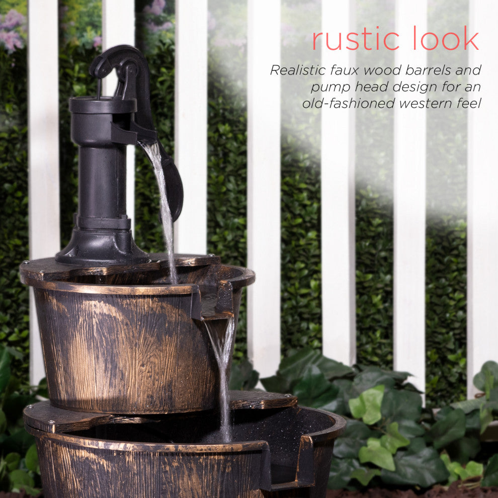 27" Tall 2-Tier Barrel and Pump Waterfall Fountain, Bronze Finish