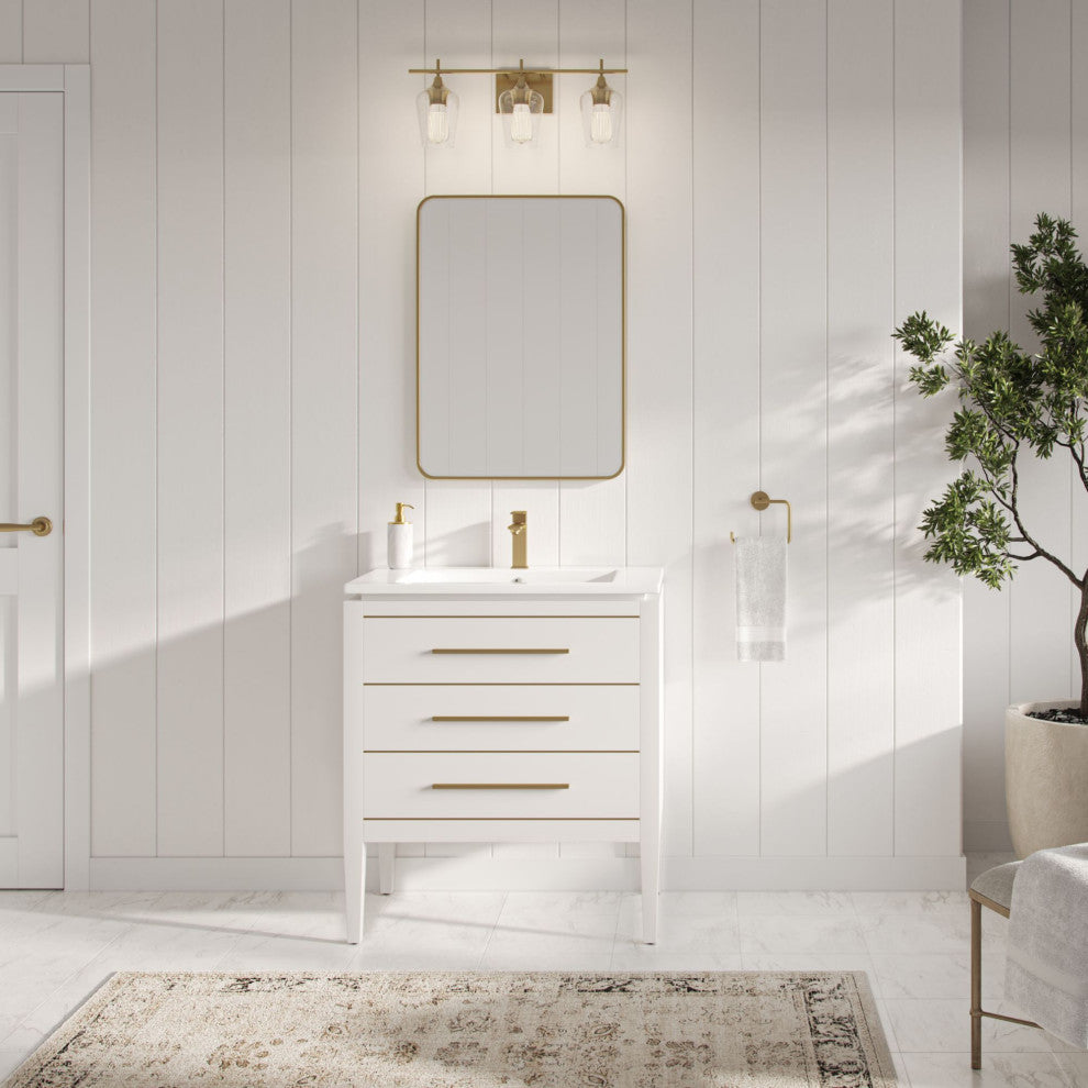 Celios Bathroom Vanity, White With Brass Trim, 30", Single Sink, Freestanding
