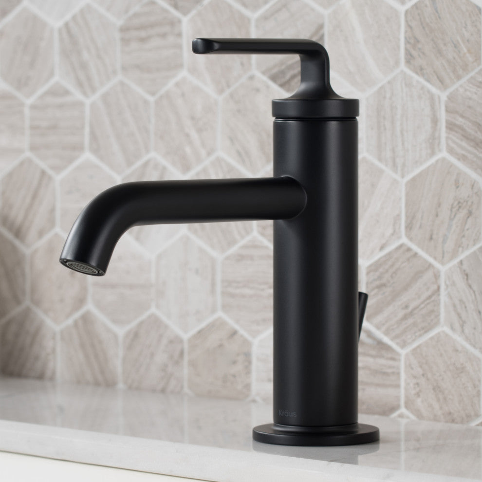 Kraus Ramus Single Handle Basin Faucet, Lift Rod Drain, Matte Black, Set of 2