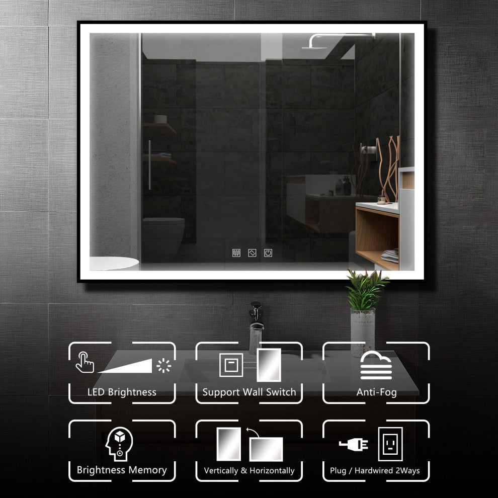 Kiva-Rhyme Black Framed LED Vanity Wall Mounted Mirror, 24x32", 3 Buttons, 48"x36