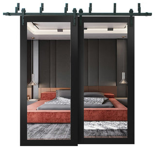 Barn Bypass Doors 84 x 96, Lucia 1299 Matte Black & Mirror, 8' Rails