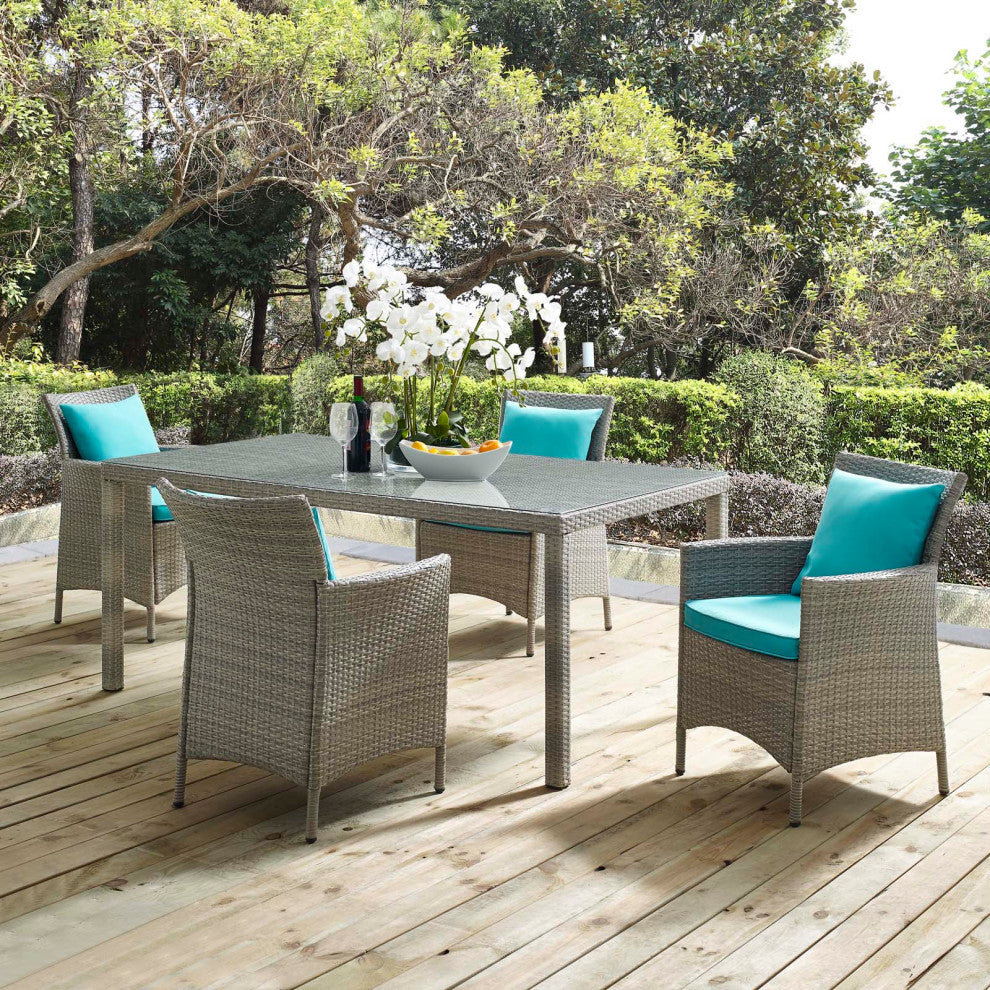 Side Dining Chair and Table Set, Rattan, Wicker, Gray Blue, Modern, Outdoor