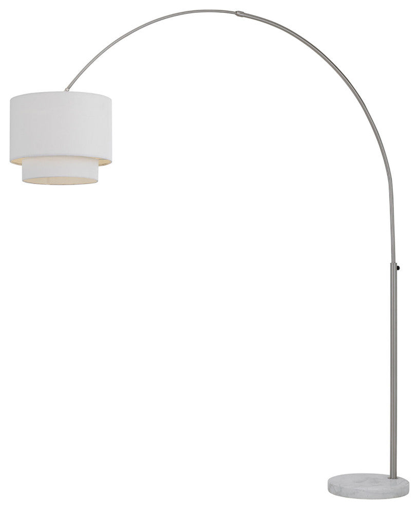 Louise Floor Lamp, White Marble Base, Ivory Fabric Shade, Brushed Chrome Finish