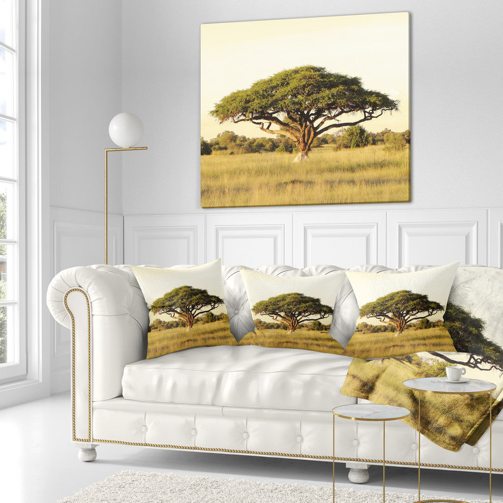 Acacia Tree On African Plain African Landscape Printed Throw Pillow, 18"x18"