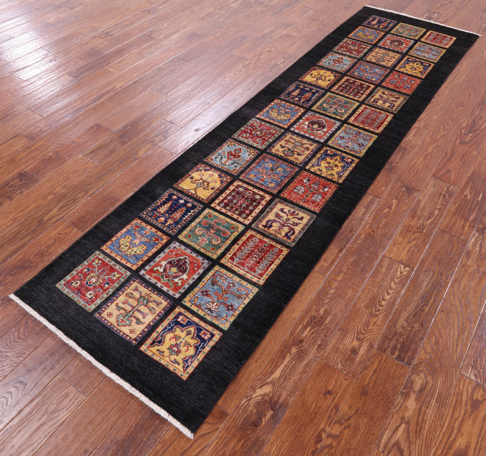 Persian Garden Design Handmade Black Runner Rug 2' 8" X 9' 7" Q10675