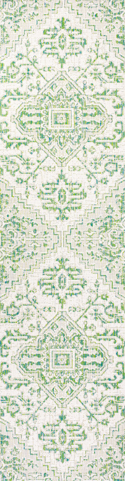 Estrella Bohemian Medallion Textured Weave Indoor/Outdoor, Green/Cream, 2 X 10