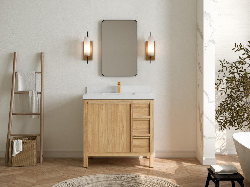 Elizabeth 36 Center Sink Bath Vanity in Light Natural Teak 2" Carrara Quartz