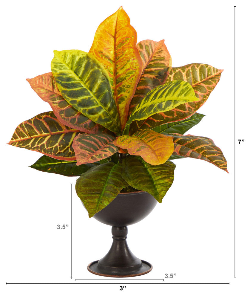 14" Garden Croton Artificial Plant, Metal Chalice, Real Touch