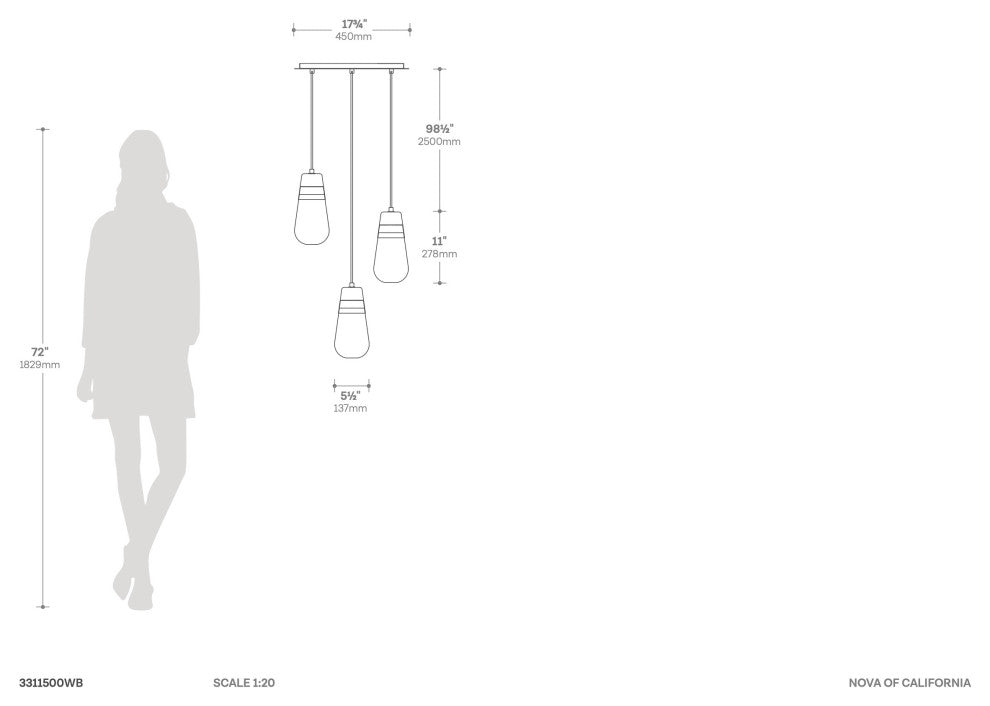 Sunset 3 Light Pendant Lamp - 27", Weathered Brass and Walnut, Hard-wired