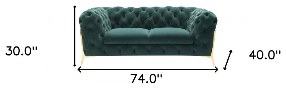 74" Emerald Green And Gold Velvet Loveseat