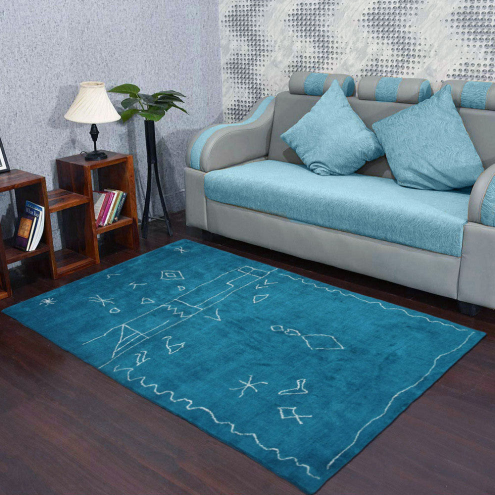 HAND KNOTTED LOOM SILK AREA RUGS-9'x12',Rectangle,Blue White,Contemporary