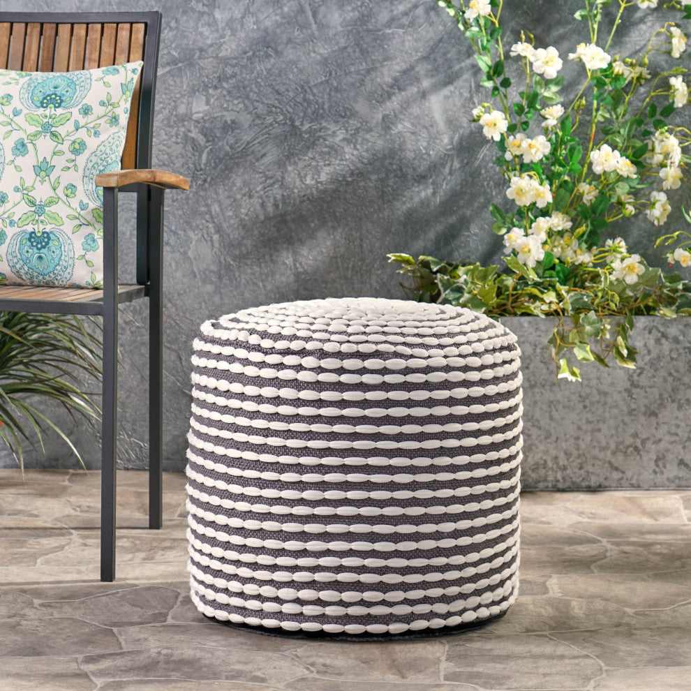 GDF Studio Collier Outdoor Handcrafted Cylinder Pouf Ottoman, White