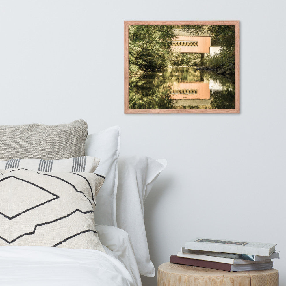 The Reflections of Wooddale Covered Bridge Aged Framed Photo Wall Art Print, Red Oak, 16" X 20"