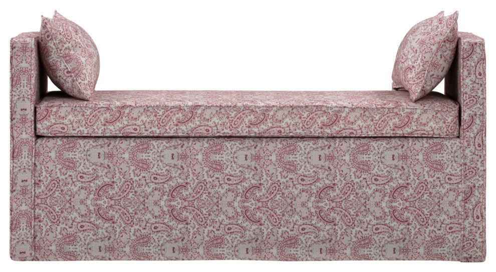 53" Red and Ivory Upholstered Linen Paisley Bench