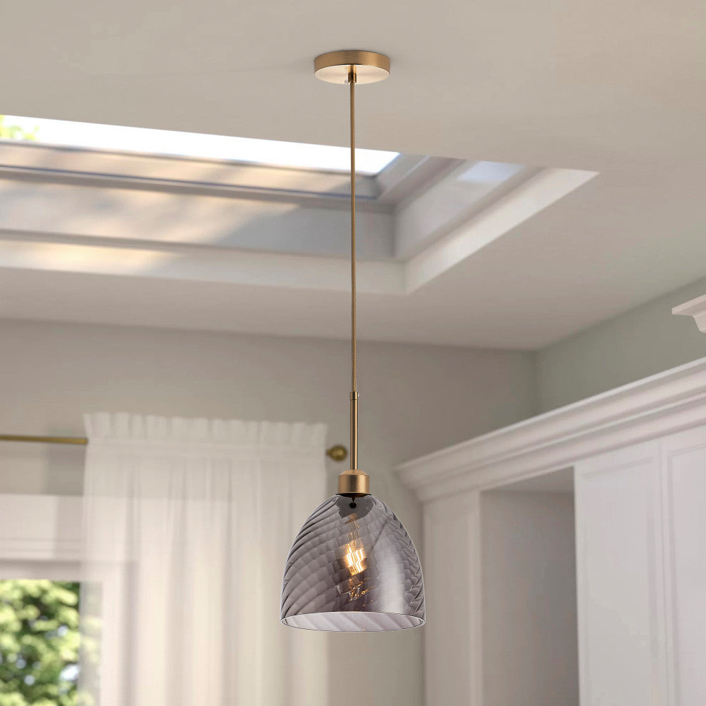 Modern Brushed Bronze 1-Light Smoke Grey Striped Glass Pendant Light