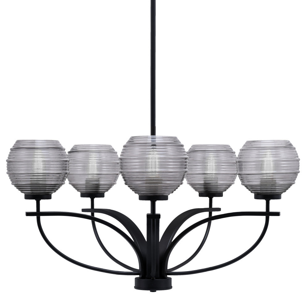 Cavella 5 Light Chandelier In Matte Black Finish, 6" Smoke Ribbed Glass