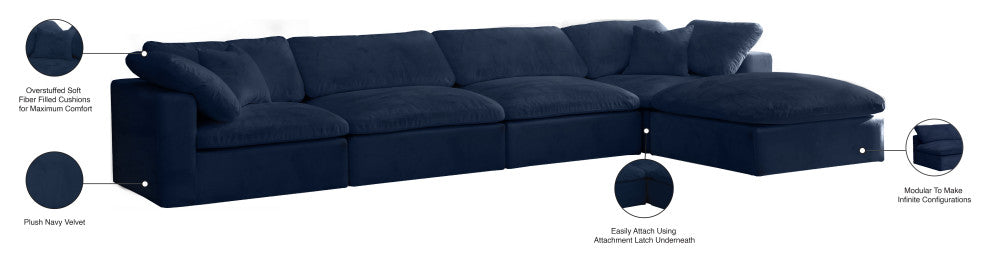 Cozy Velvet Upholstered Comfort L-Shaped Modular Sectional, Navy, 5-Piece: 2 Armless Chair, 2 Corner Chair, 1 Ottoman