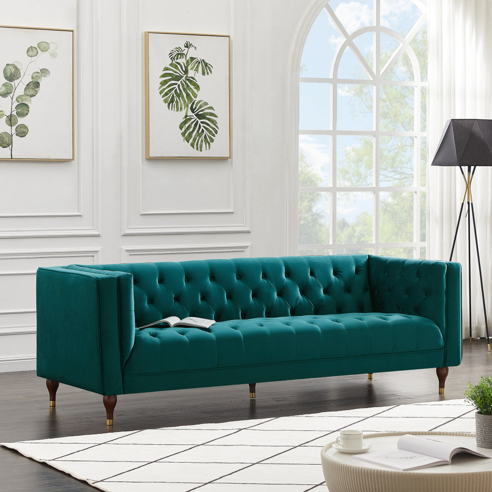 Houston Mid-Century Modern Luxury Chesterfield Velvet Sofa, Teal