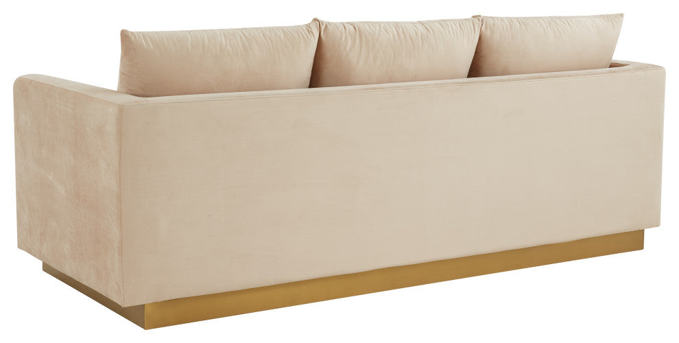 LeisureMod Nervo Modern Velvet Sofa With Gold Base, Beige