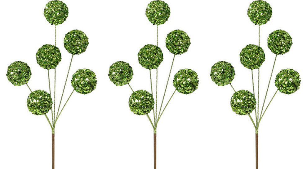 3 Pieces 16" Glitter Sequin Ball Christmas Spray, Green
