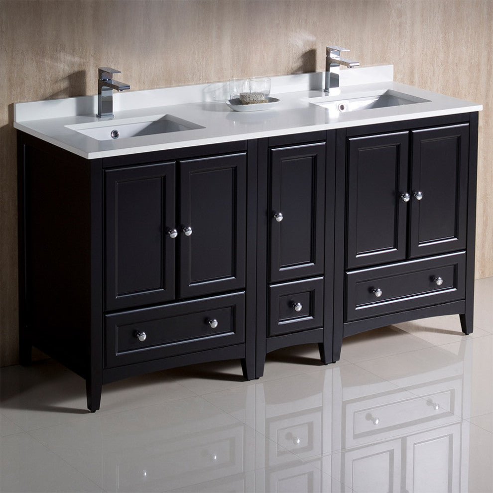 Oxford 60" Double Bathroom Cabinet, Espresso, With Top and Sinks