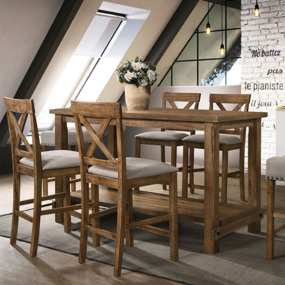 Set of 2 Linen Upholstered Counter Height Chair, Tan Linen/Weathered Oak