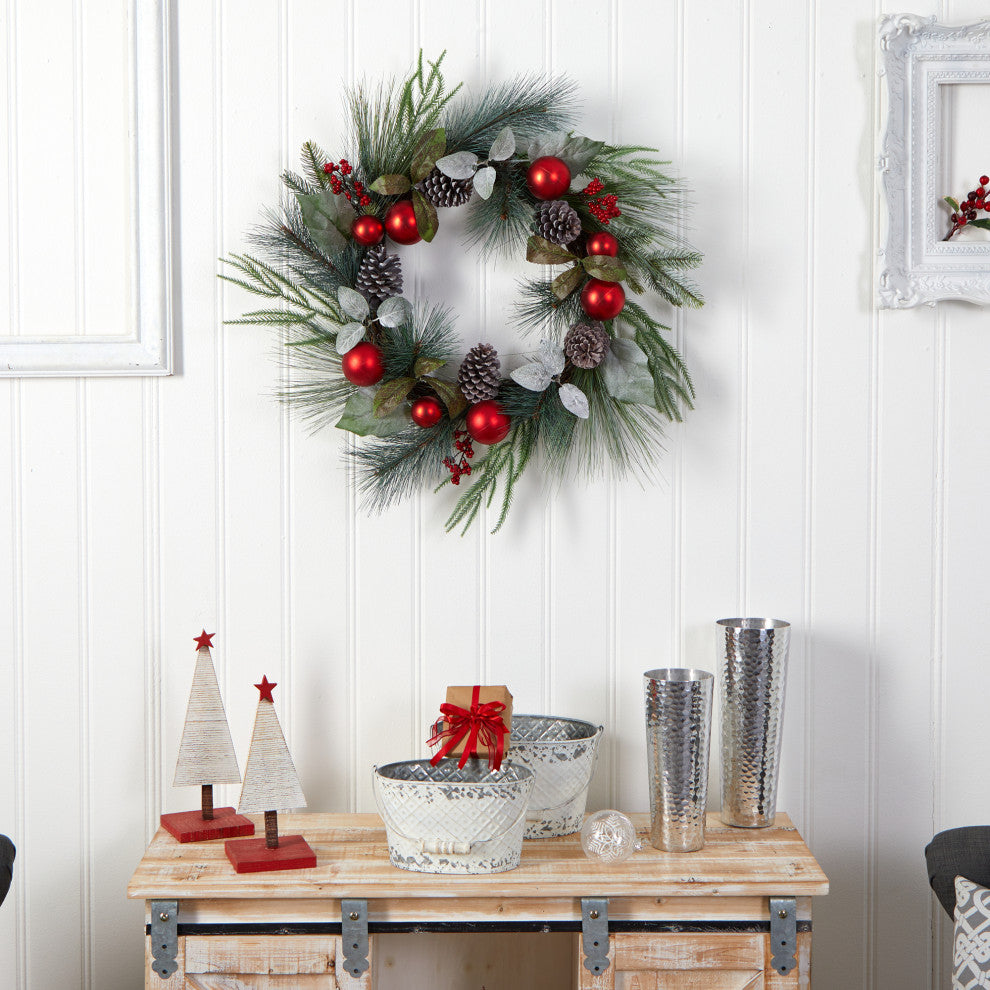 24" Assorted Pinecones & Berry Artificial Christmas Wreath With Red Ornaments