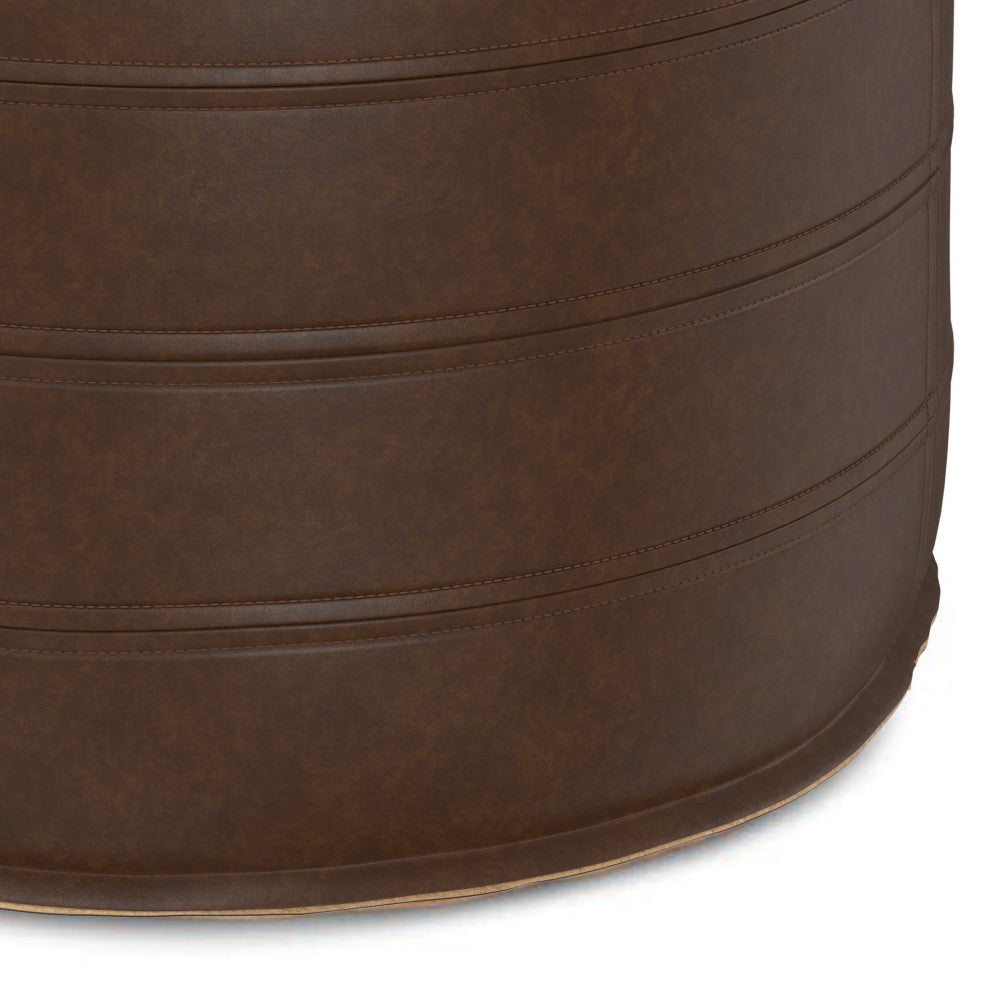 Brody 20" Round Pouf, Distressed Dark Brown Vegan Faux Leather
