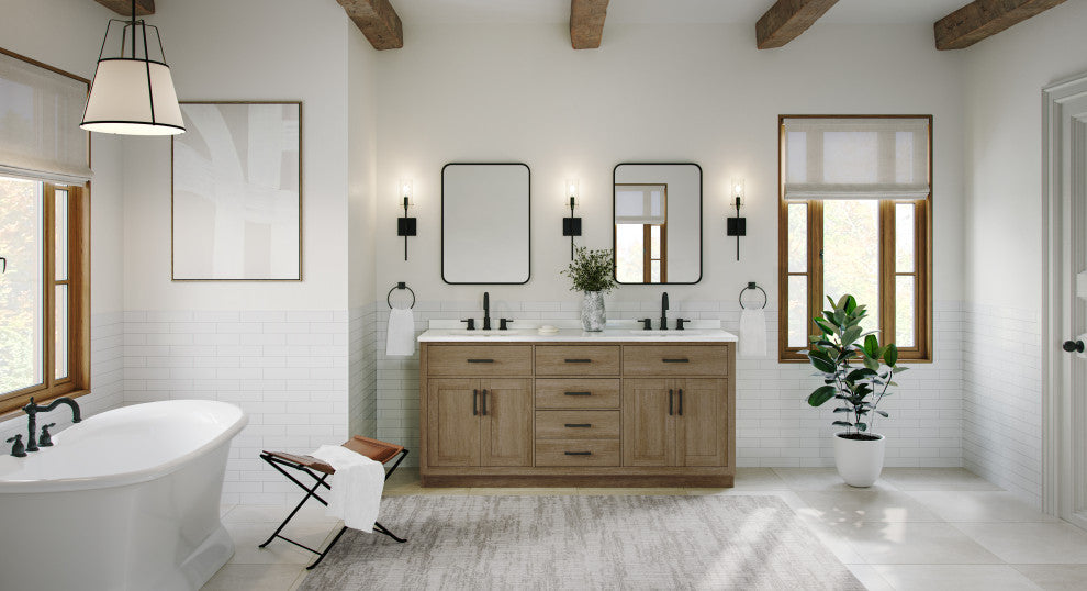 The Camille Bathroom Vanity, Driftwood Oak, 72", Double Sink, Freestanding