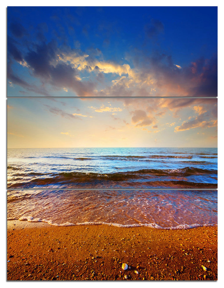 "Cloudy Skies With Vibrant Seashore" Beach Metal Wall Art, 3 Panels, 28"x36"
