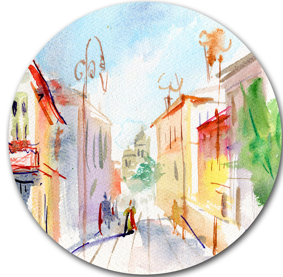 Illustrated Parisian Street, Watercolor Disc Metal Wall Art, 11"