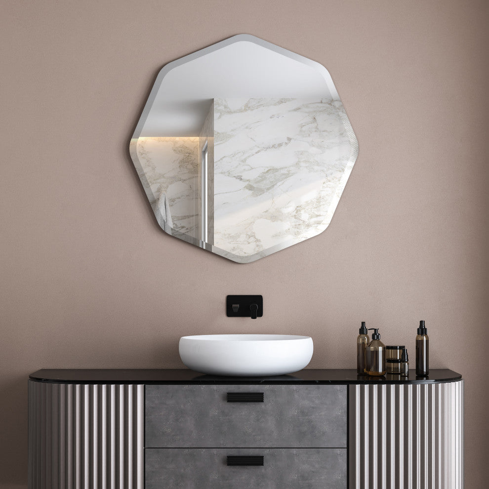 Frameless Beveled Octagonal Black Matte Finished Wall Mirror
