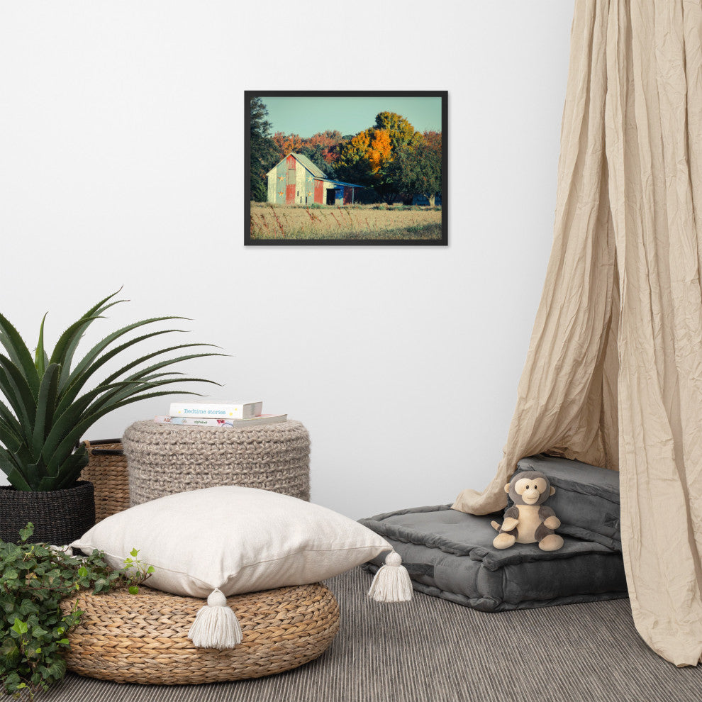 Patriotic Weathered Barn in Field Cross Processed Framed Photo Wall Art Prints, Black, 18" X 24"