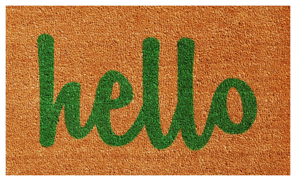 Hello Doormat Natural/Green Script, 17"x29"