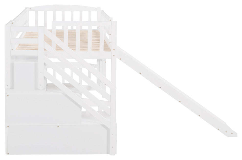 Gewnee Wood Twin Loft Bed with Storage Stairway and Slide in White