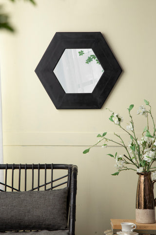 Gewnee 18.5"x18.5" Hexagon Mirror With Natural Wood Frame, Black