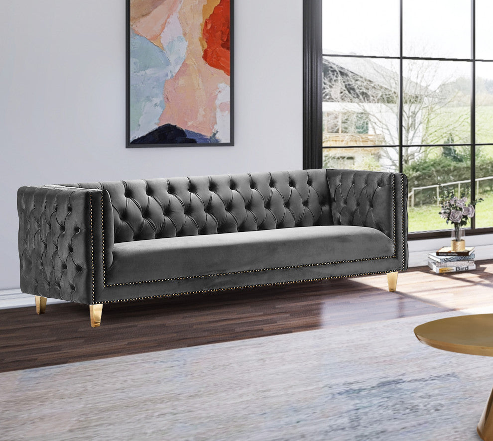 Michelle Fabric Upholstered Chair, Gold Iron Legs, Gray, Velvet, Sofa
