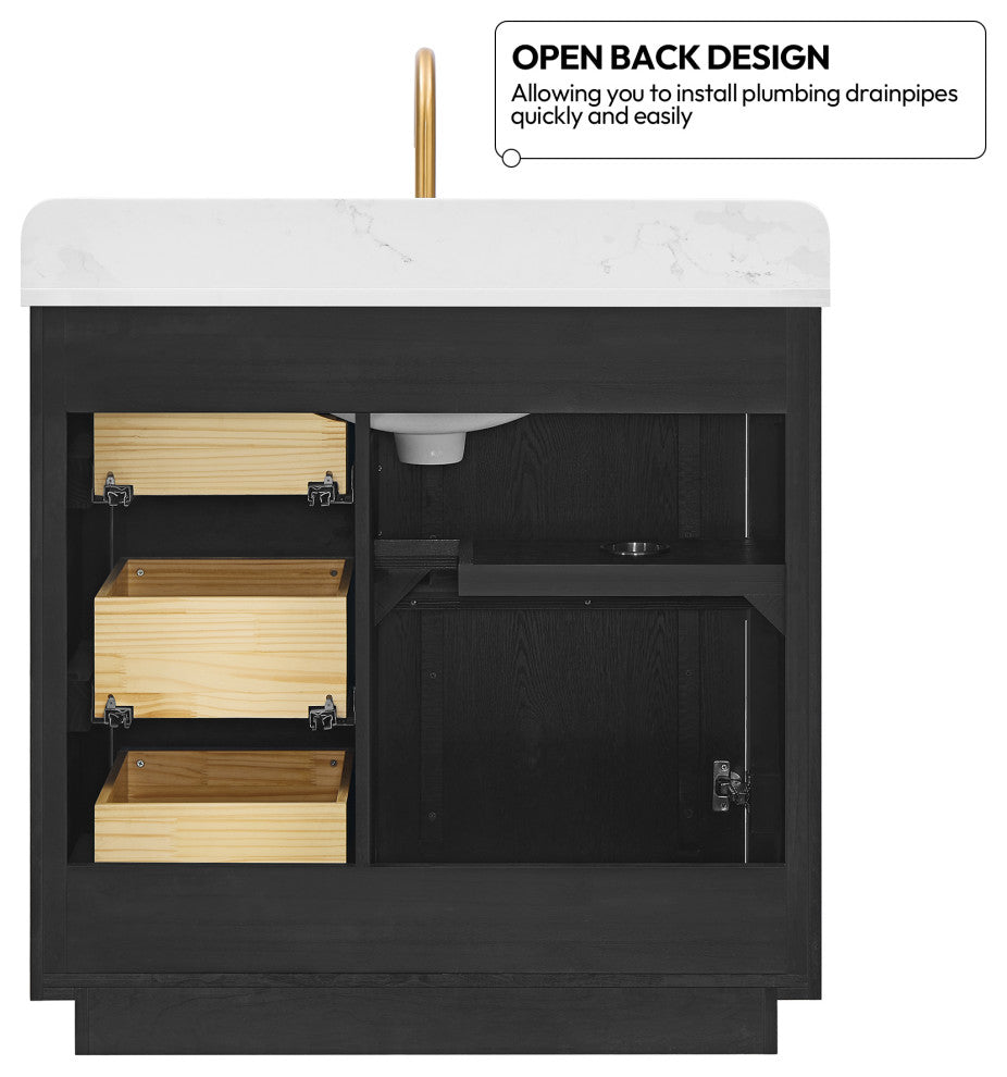 Busan Bath Vanity, Quartz Top No Mirror, Oak Classic Black, 36", Single Vanity