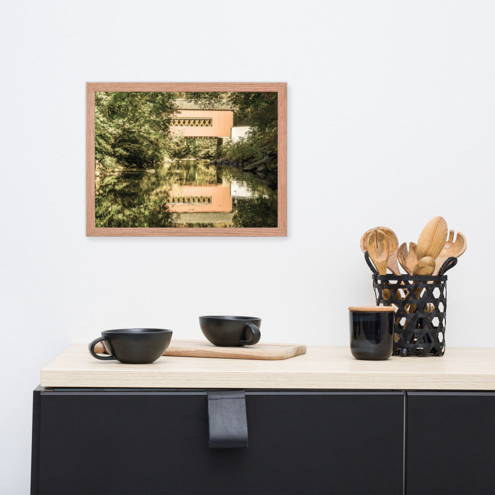 The Reflections of Wooddale Covered Bridge Aged Framed Photo Wall Art Print, Red Oak, 12" X 16"