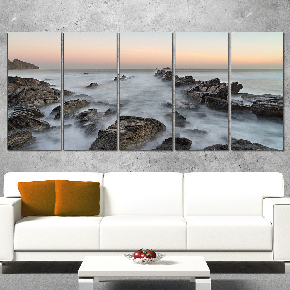 "Rocky Beach With White Waters" Modern Seashore Canvas Art, 5 Panels, 60"x28"