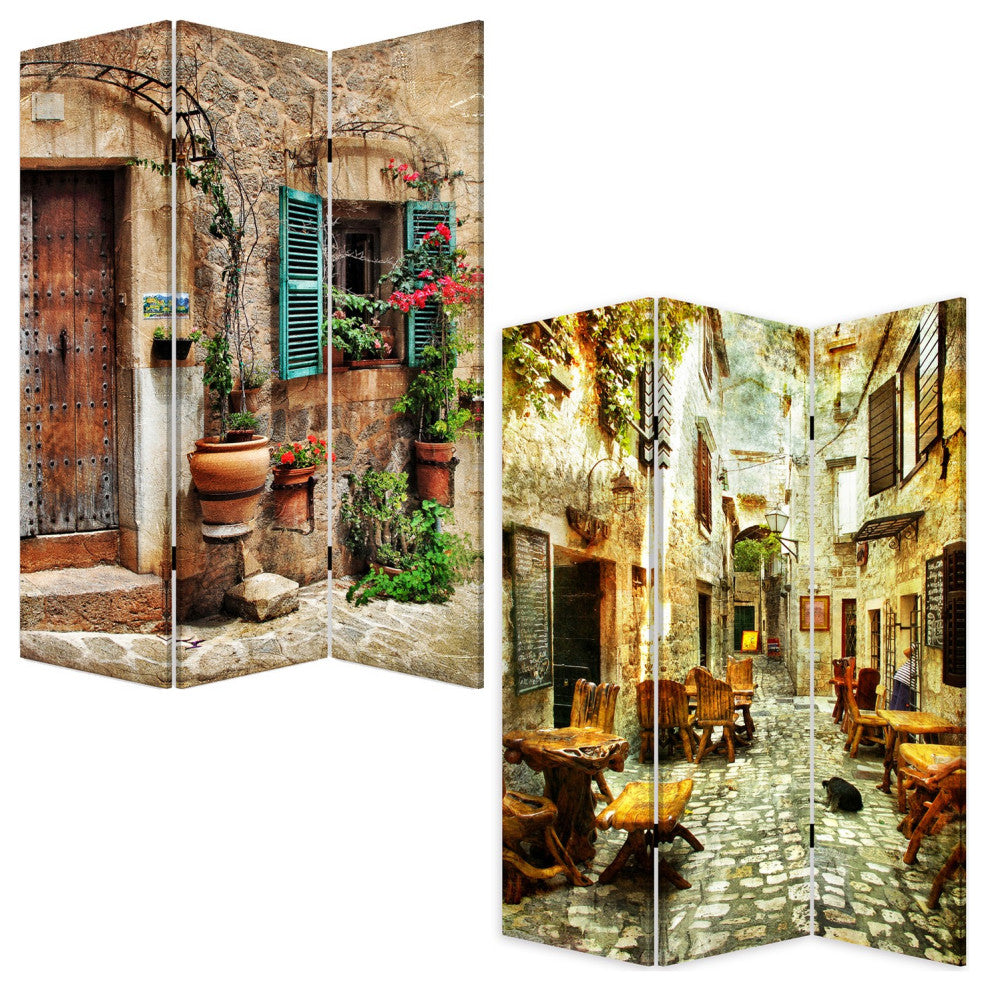 Romantic European Street Three Panel Room Divider Screen